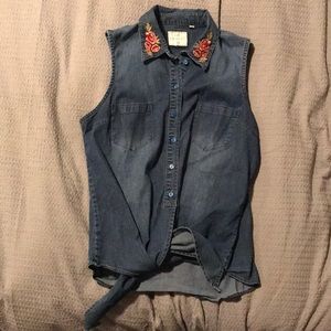 Grace in LA denim embroidered collar top